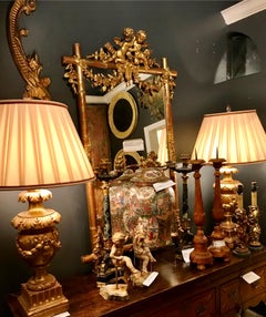 Giltwood Faux Bamboo Mirror with Cherubs or Putti Crest with Floral Garlands