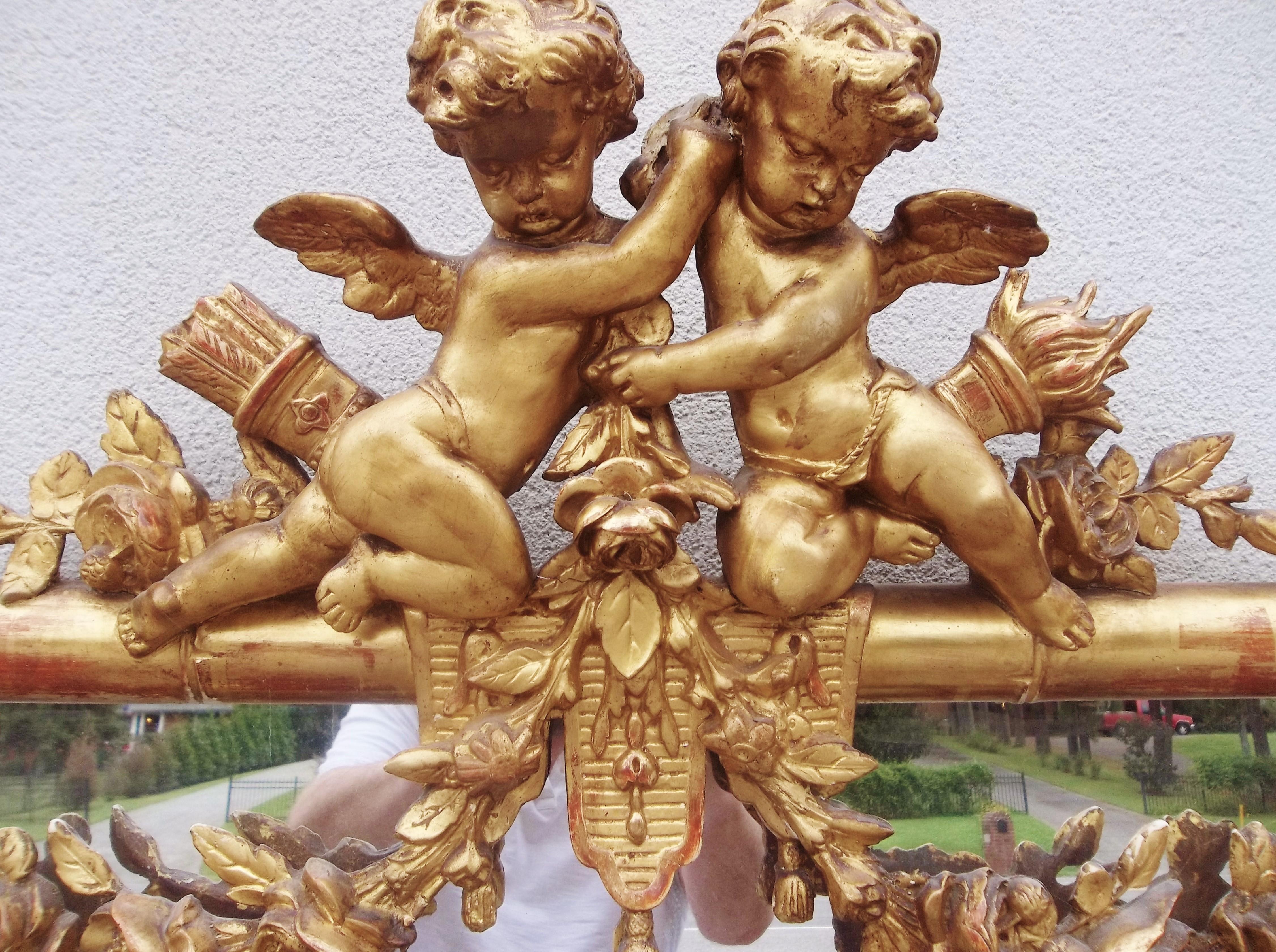 Giltwood Faux Bamboo Mirror with Cherubs or Putti Crest with Floral Garlands 1