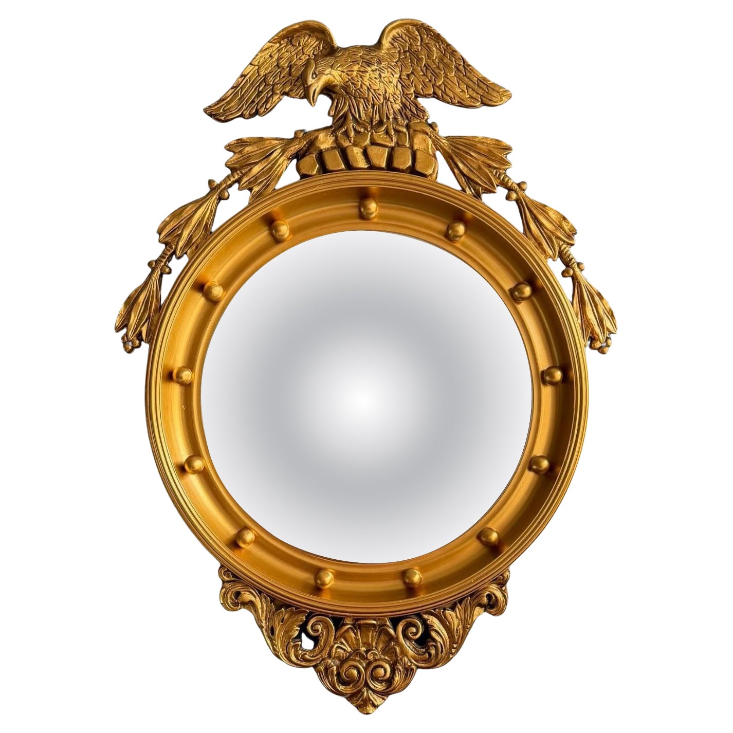 Espejo de ojo de buey Giltwood Federal Eagle con cristal convexo, Mediados de siglo