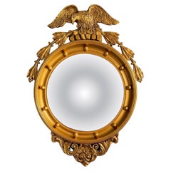 Espejo de ojo de buey Giltwood Federal Eagle con cristal convexo, Mediados de siglo