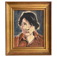 Giltwood Frame 1980s Painting Portrait Fierce Brunette Woman Expressive Face