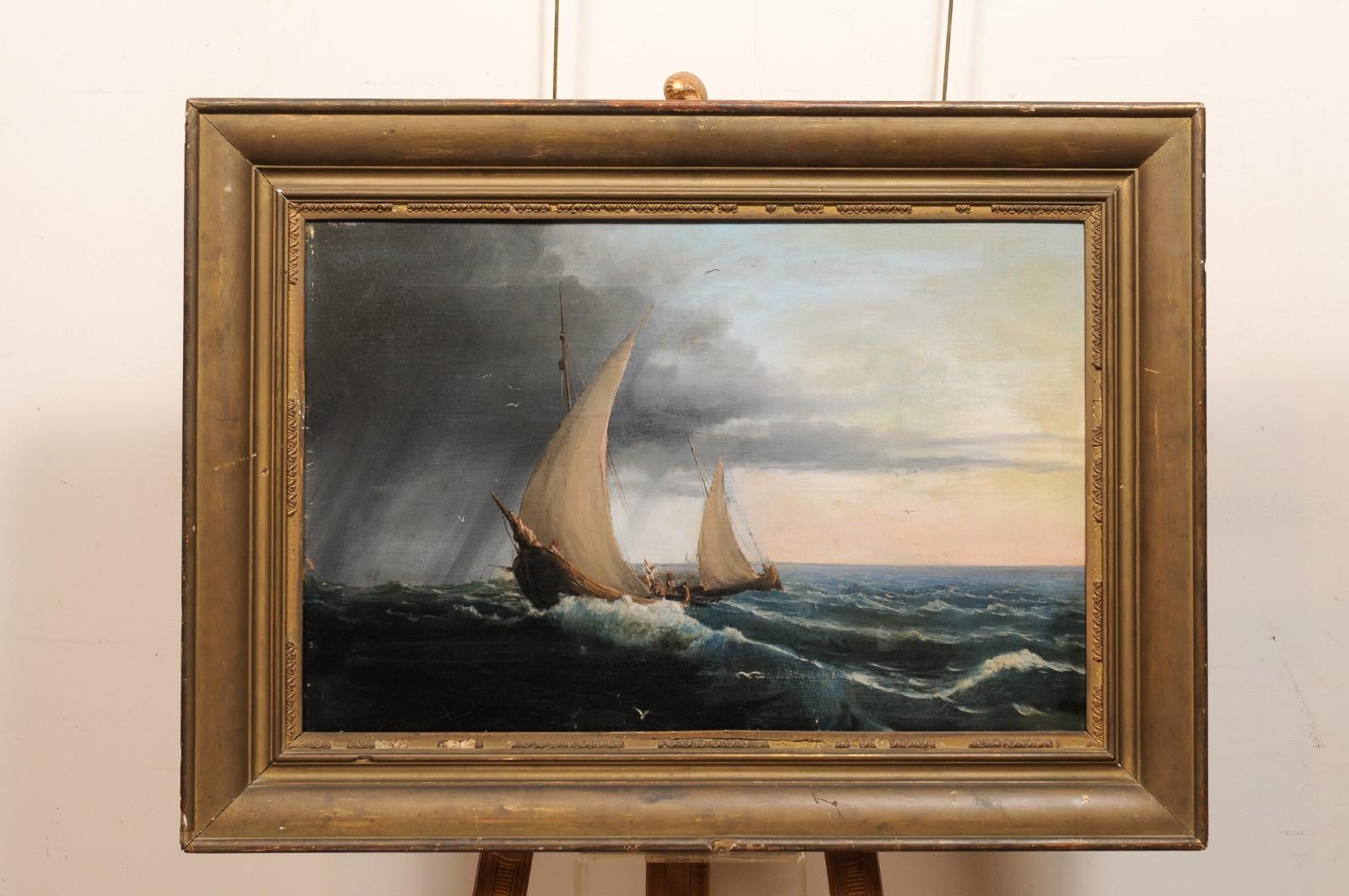 Giltwood Encadré Huile sur toile italienne du 19ème siècle Peinture de paysage marin, signée 