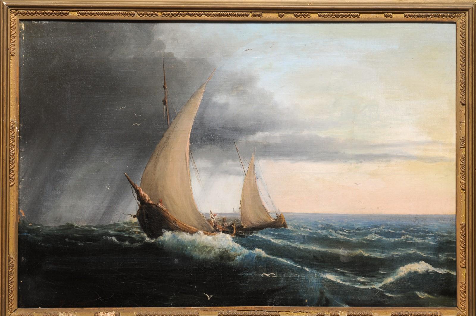 Giltwood Framed 19th Century Italian Oil on Canvas Seascape Painting In Fair Condition For Sale In Atlanta, GA