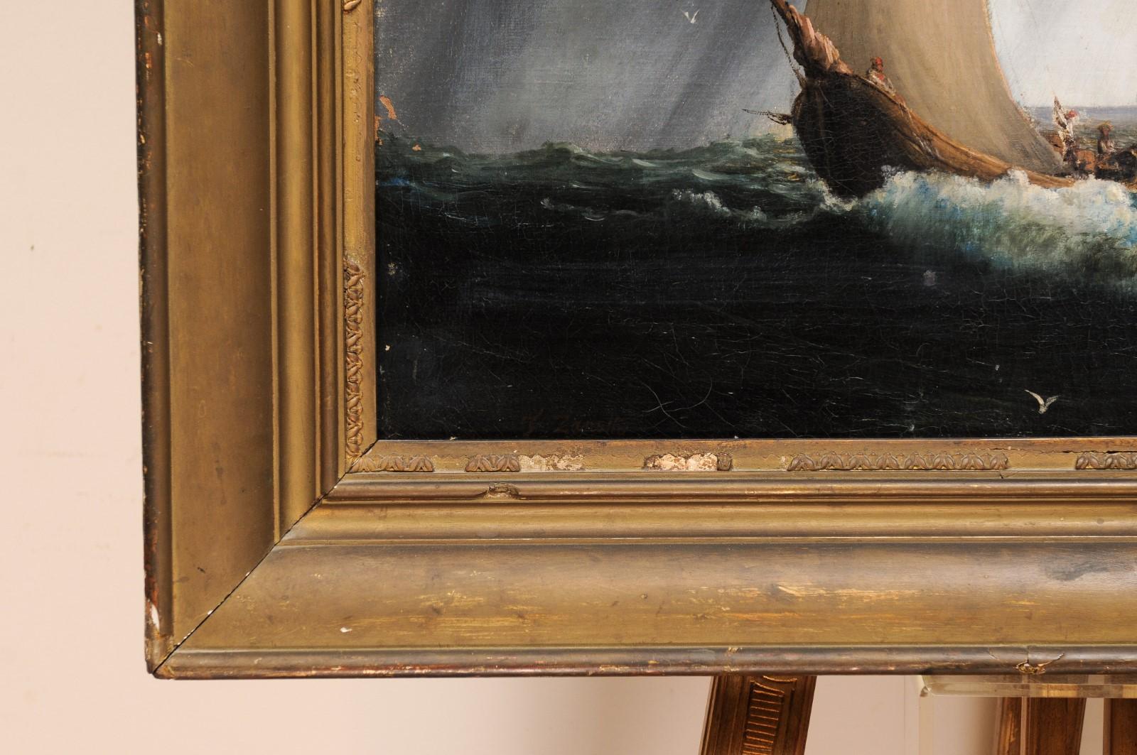 XIXe siècle Huile sur toile italienne du 19ème siècle encadrée Giltwood Seascape Painting en vente