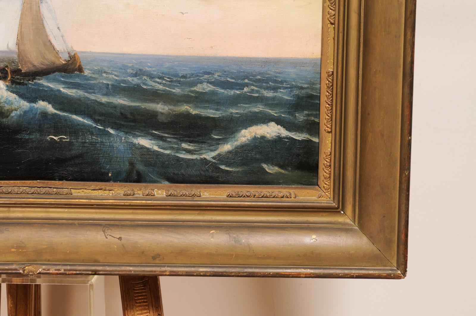 Giltwood Framed 19th Century Italian Oil on Canvas Seascape Painting For Sale 4