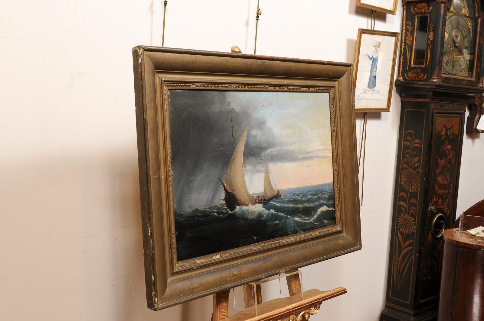 Huile sur toile italienne du 19ème siècle encadrée Giltwood Seascape Painting en vente 4