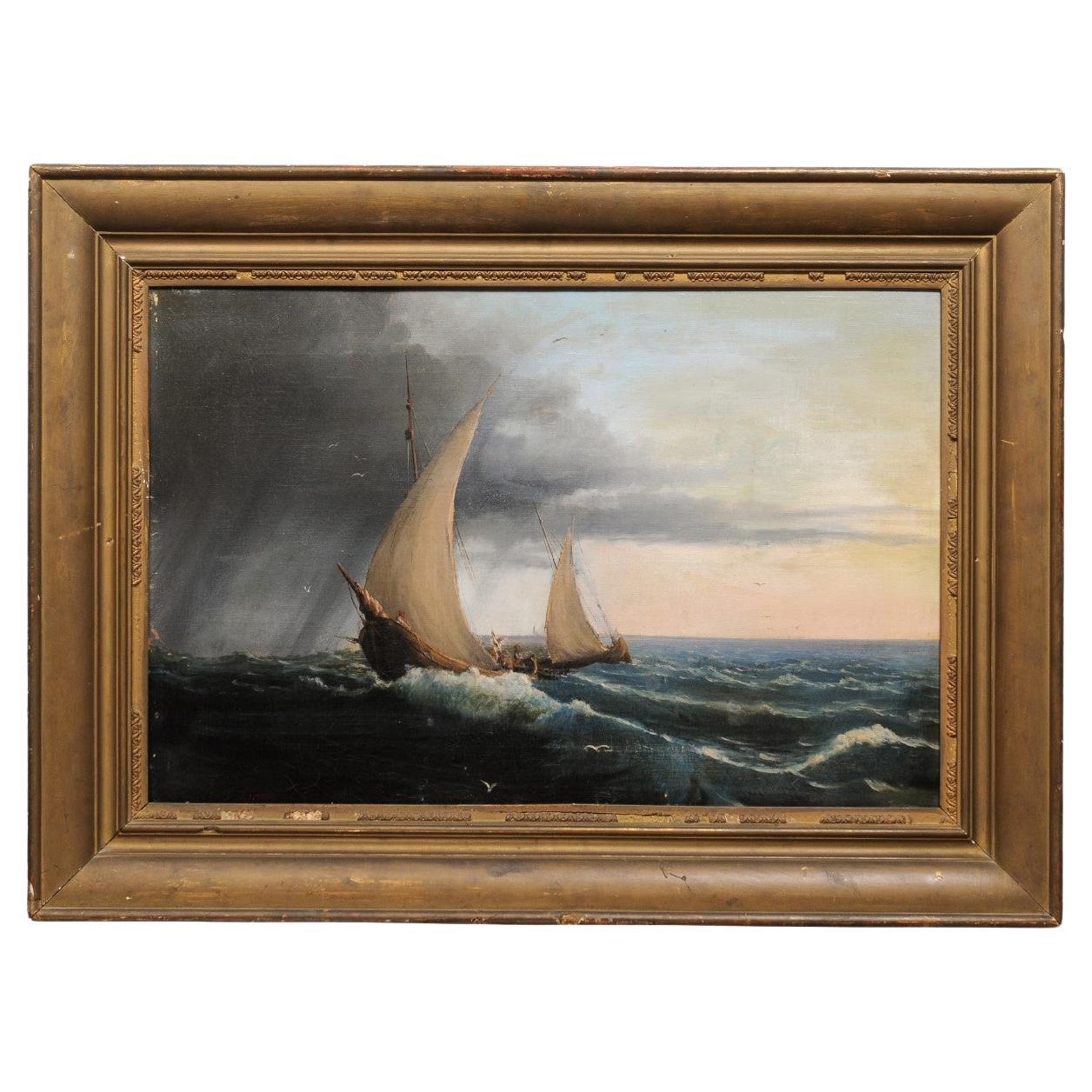 Giltwood Framed 19th Century Italian Oil on Canvas Seascape Painting For Sale