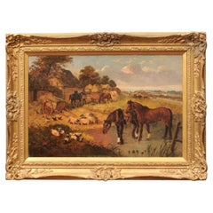 Giltwood Framed English Oil on Canvas of Pastoral Farm Scene, Signed