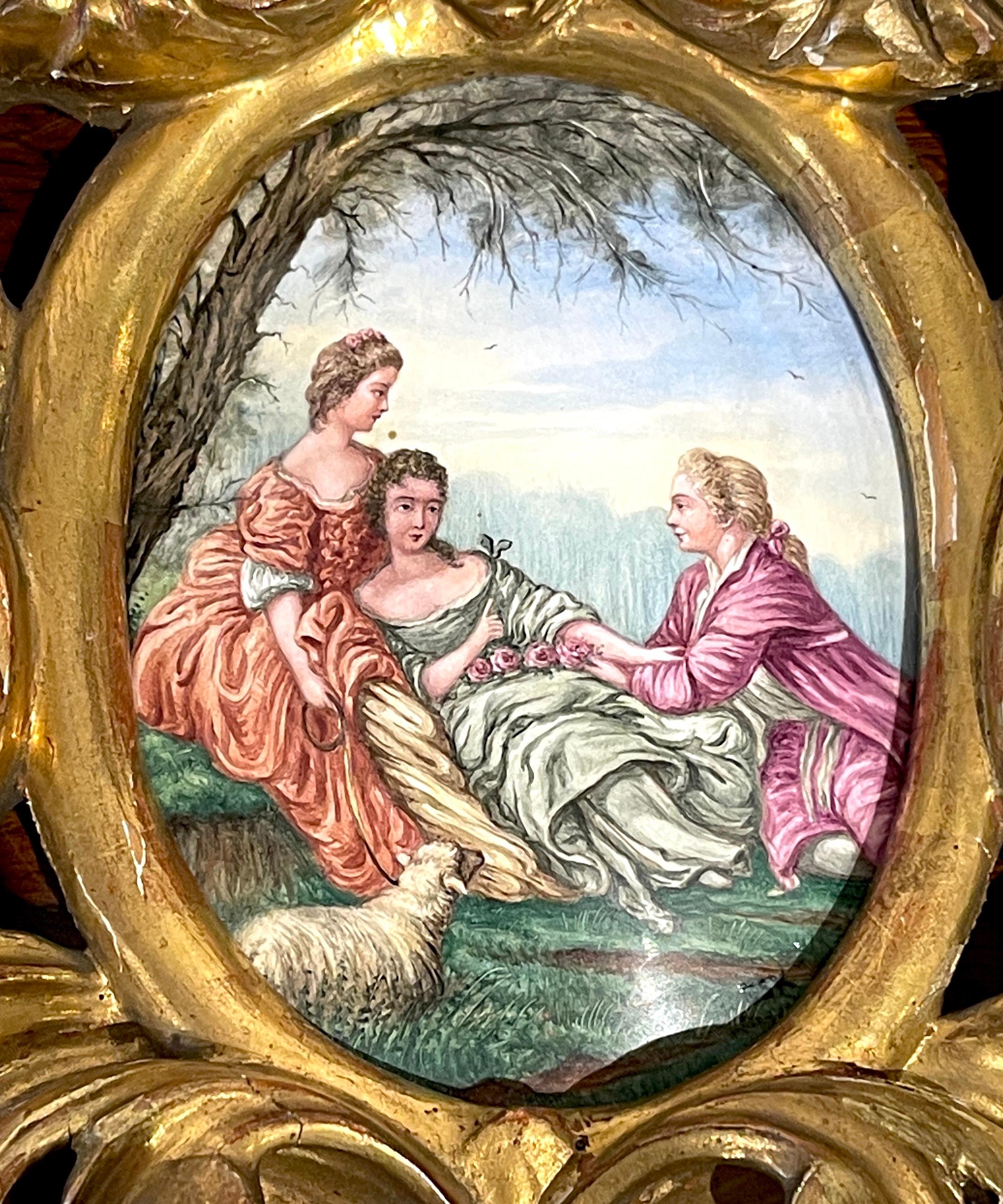 Baroque Giltwood Framed Limoges Enamel after François Boucher  'Shepherd's Idyll '