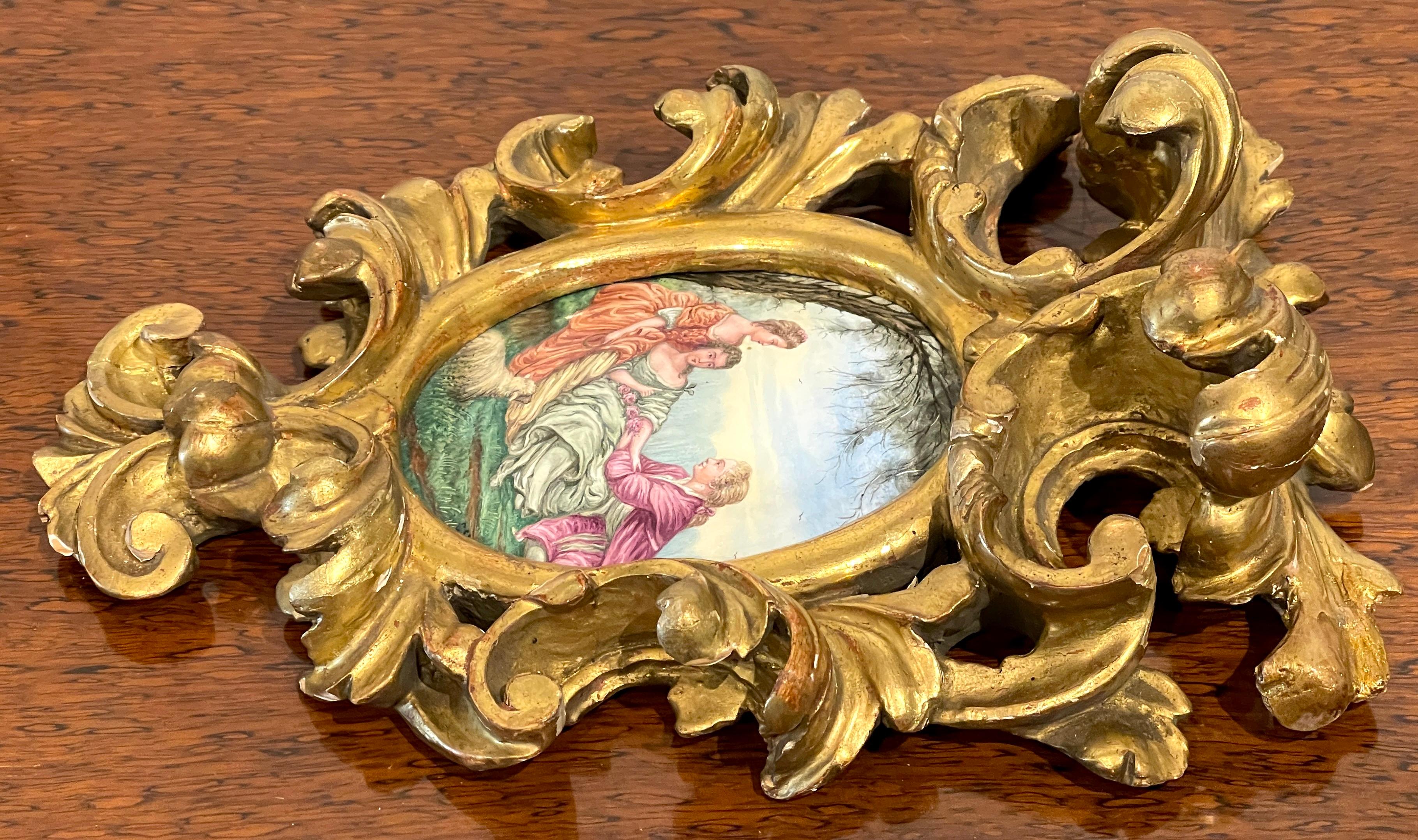 Copper Giltwood Framed Limoges Enamel after François Boucher  'Shepherd's Idyll '