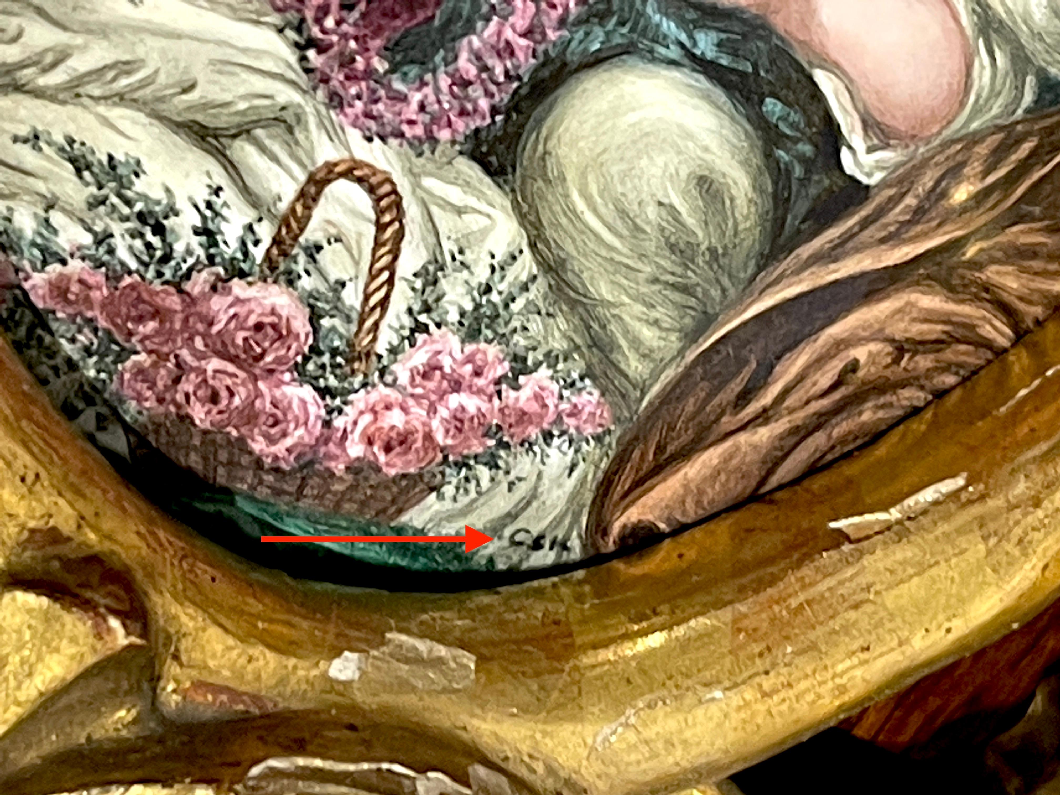 Esmalte de Limoges enmarcado en madera dorada según François Boucher 'Los cazadores de pájaros' en Bueno estado para la venta en West Palm Beach, FL