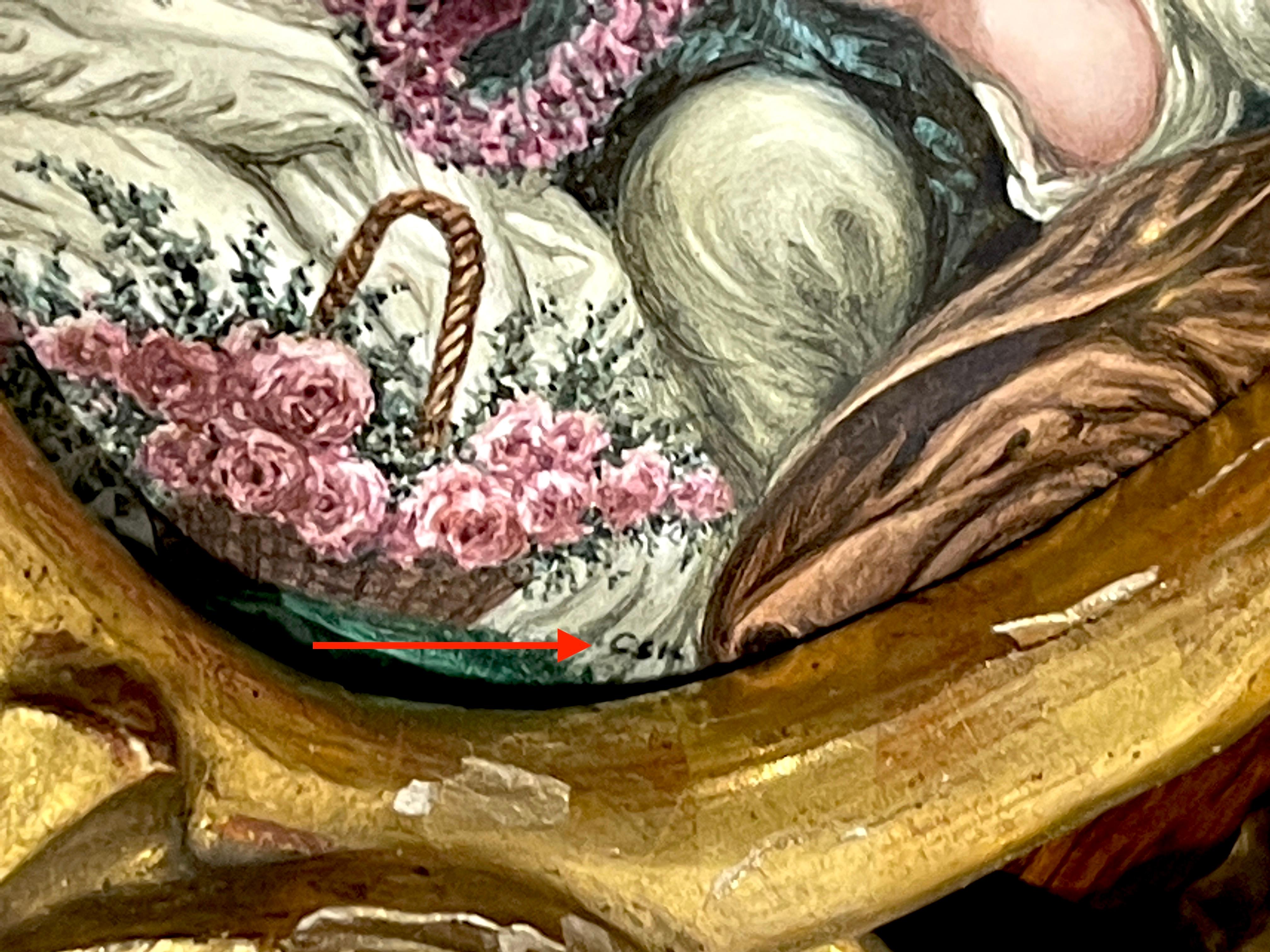 French Giltwood Framed Limoges Enamel after François Boucher 'The Bird Catchers'  For Sale