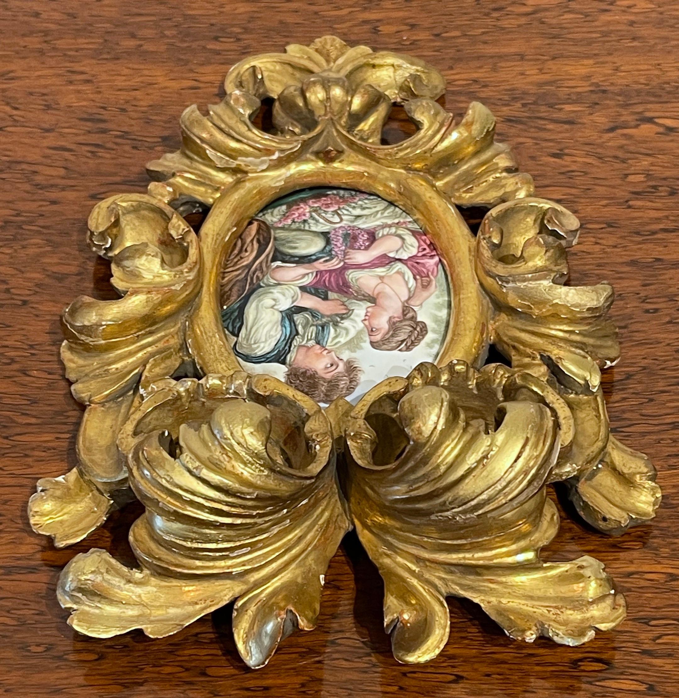 Hand-Carved Giltwood Framed Limoges Enamel after François Boucher 'The Bird Catchers'  For Sale