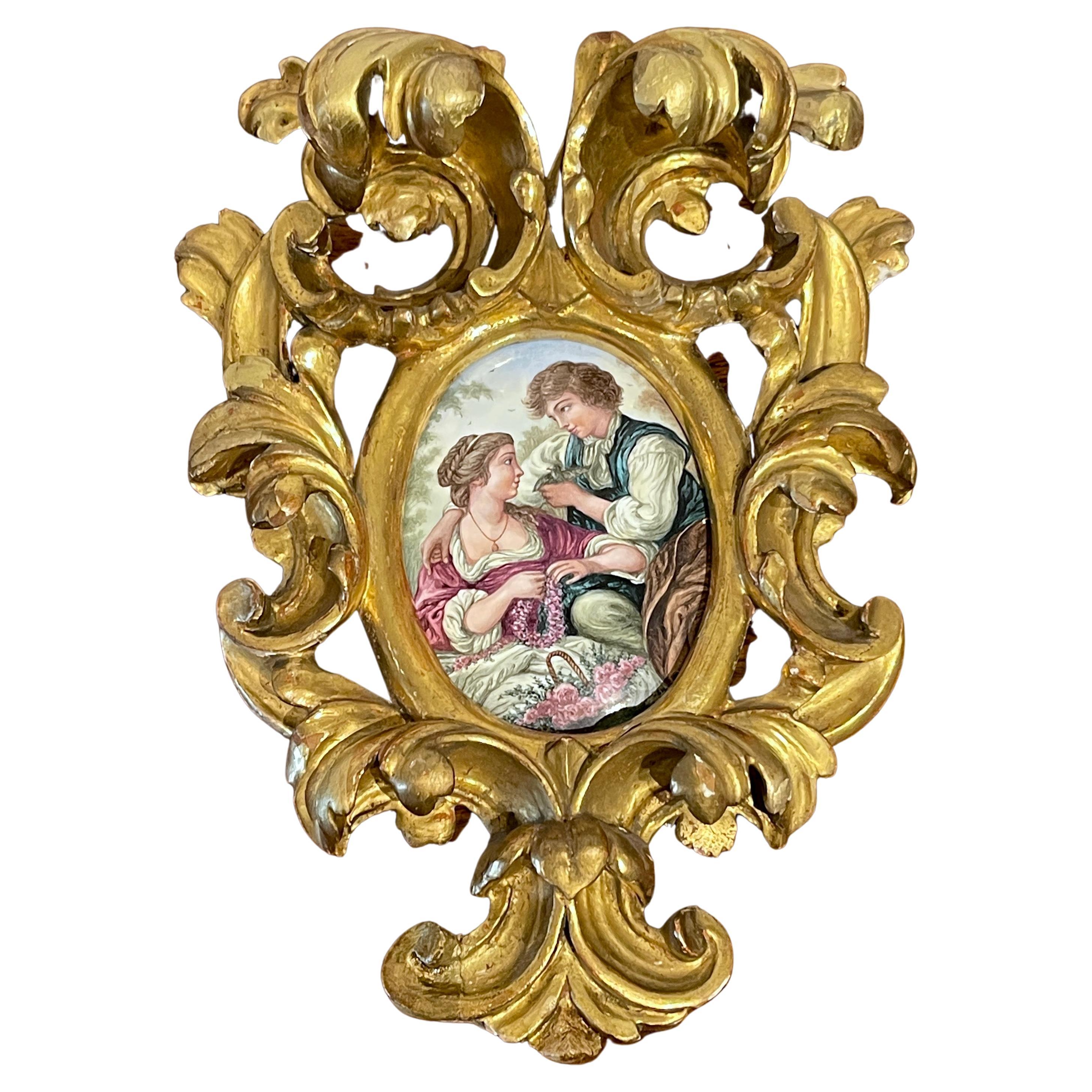 Gerahmte Limoges-Emaille aus vergoldetem Holz nach Franois Boucher „Die Vogelkämpfer“ 