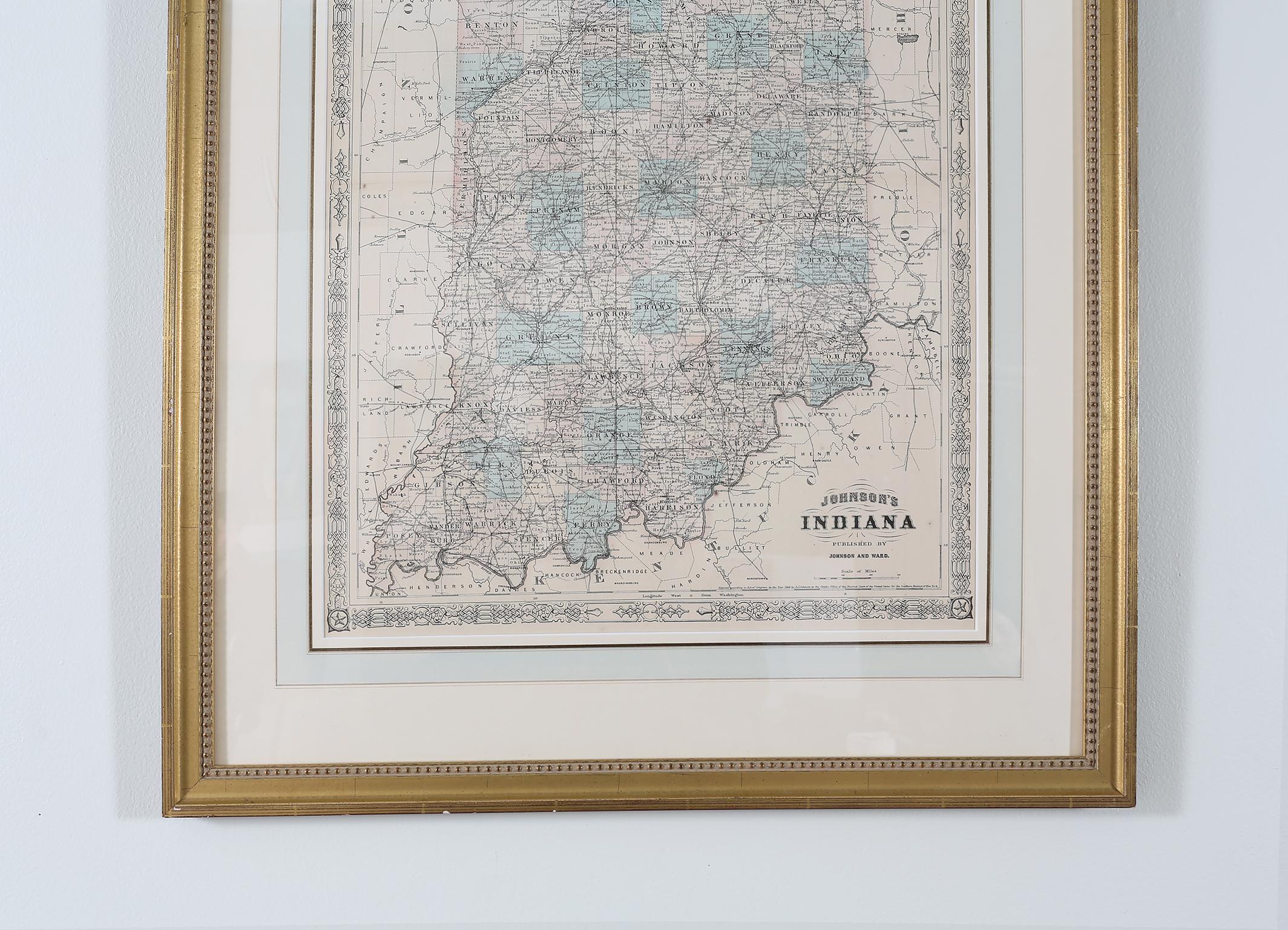 Giltwood Framed Matted Library / Study Room Map / Indiana In Good Condition In Tarry Town, NY