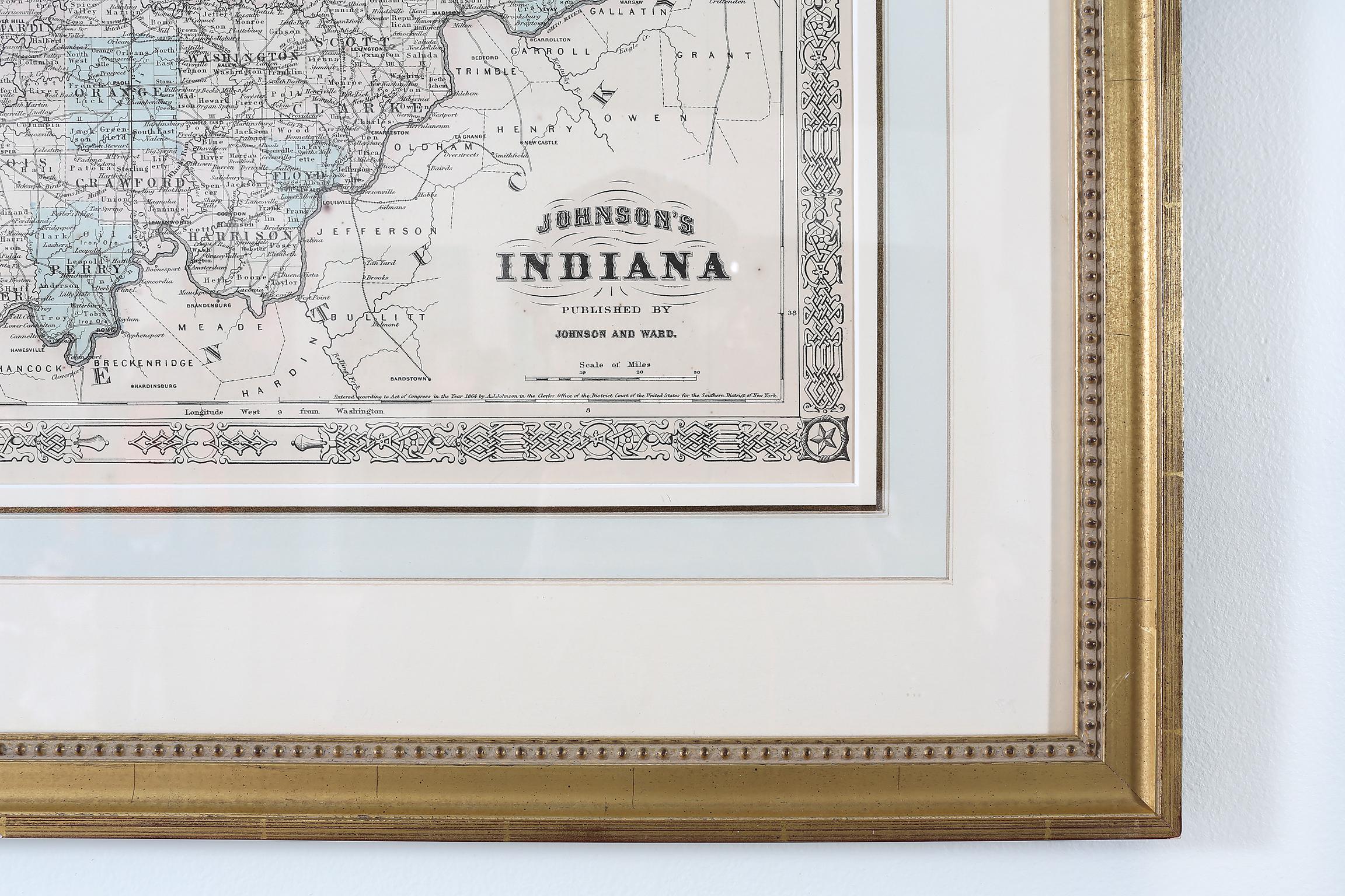20th Century Giltwood Framed Matted Library / Study Room Map / Indiana