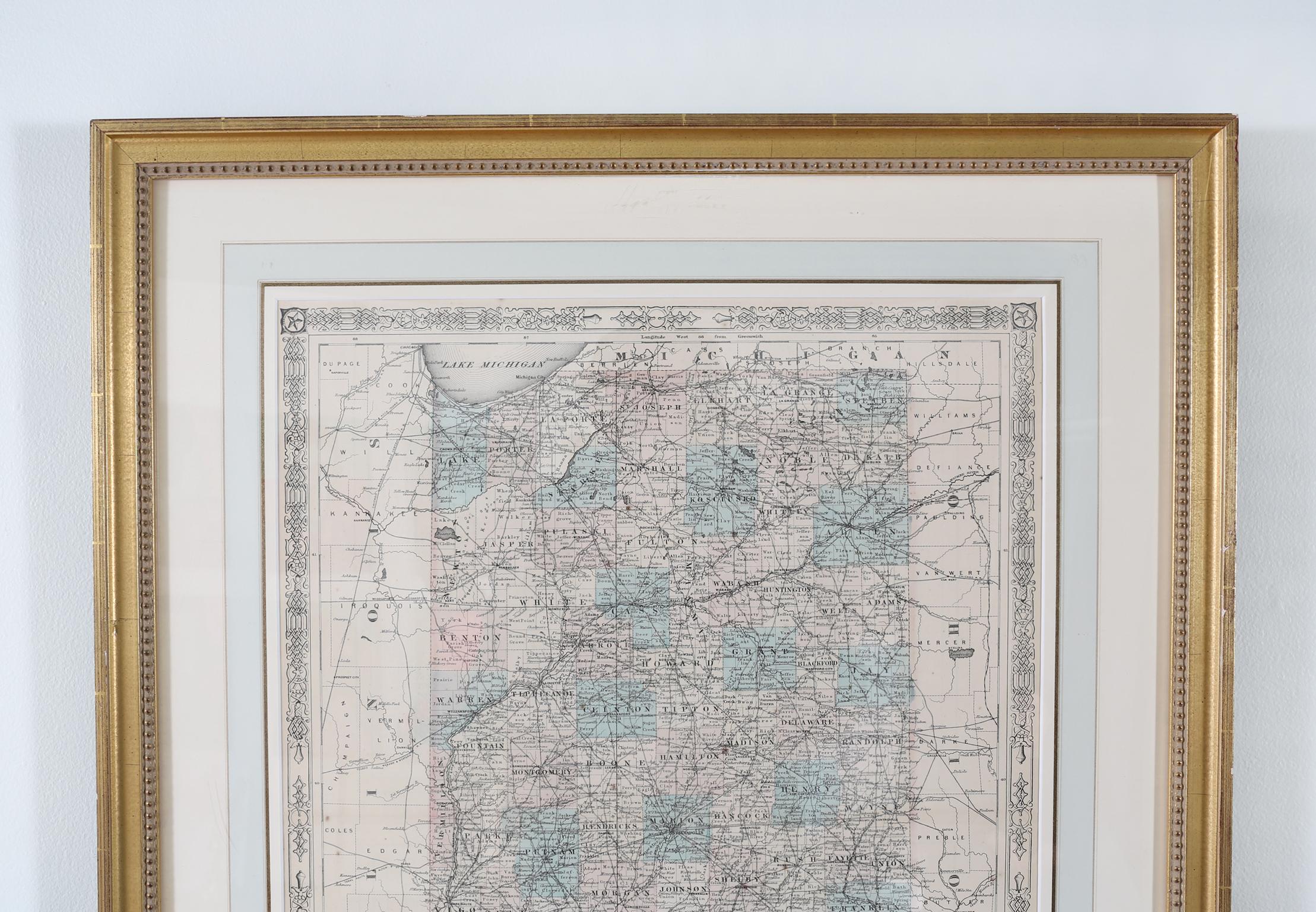 Giltwood Framed Matted Library / Study Room Map / Indiana 1