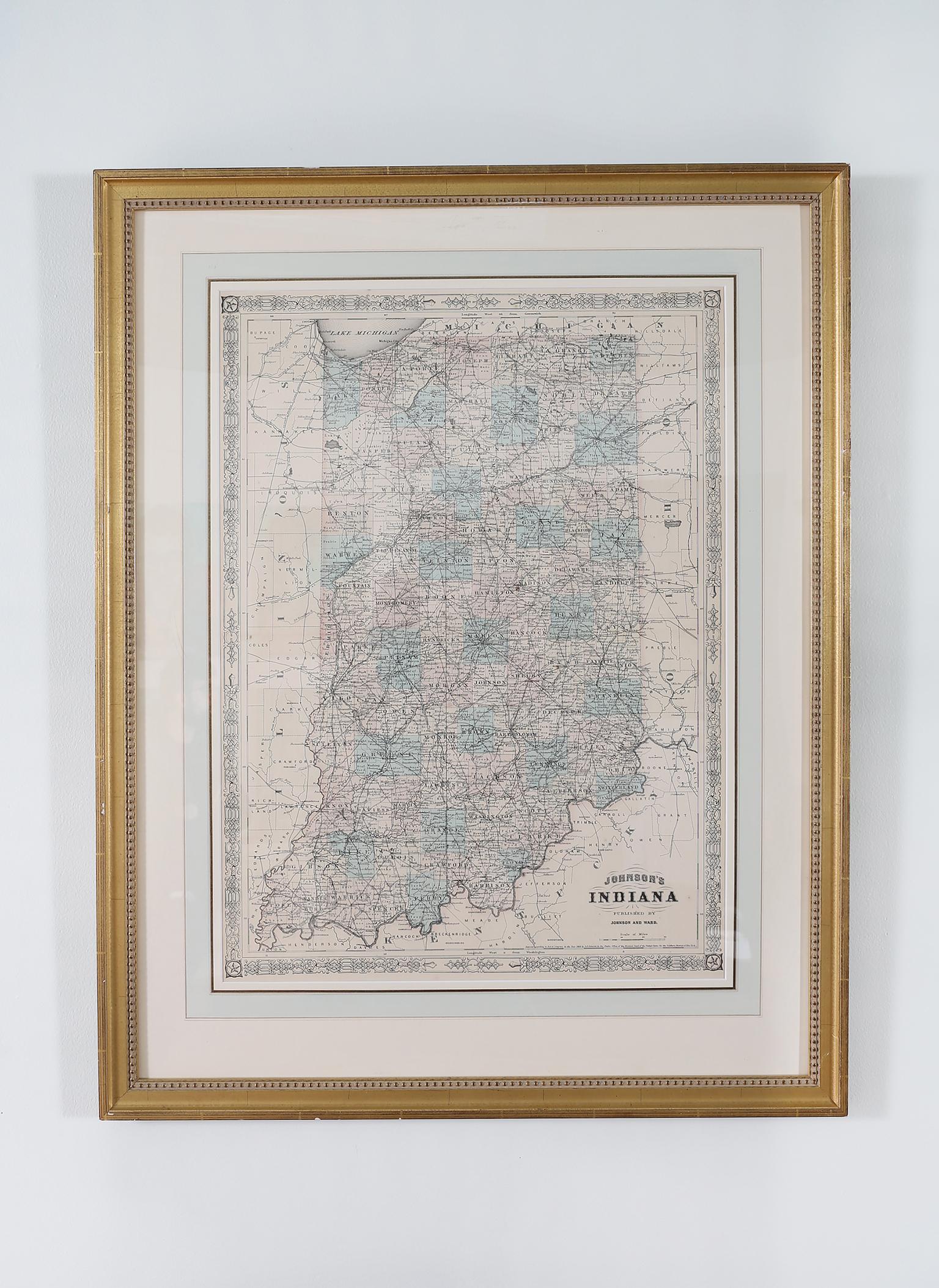 Giltwood Framed Matted Library / Study Room Map / Indiana 4