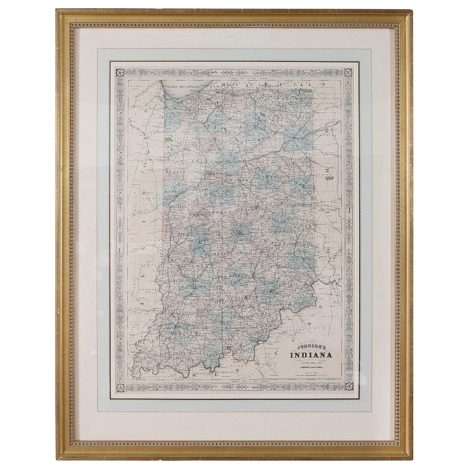 Giltwood Framed Matted Library / Study Room Map / Indiana