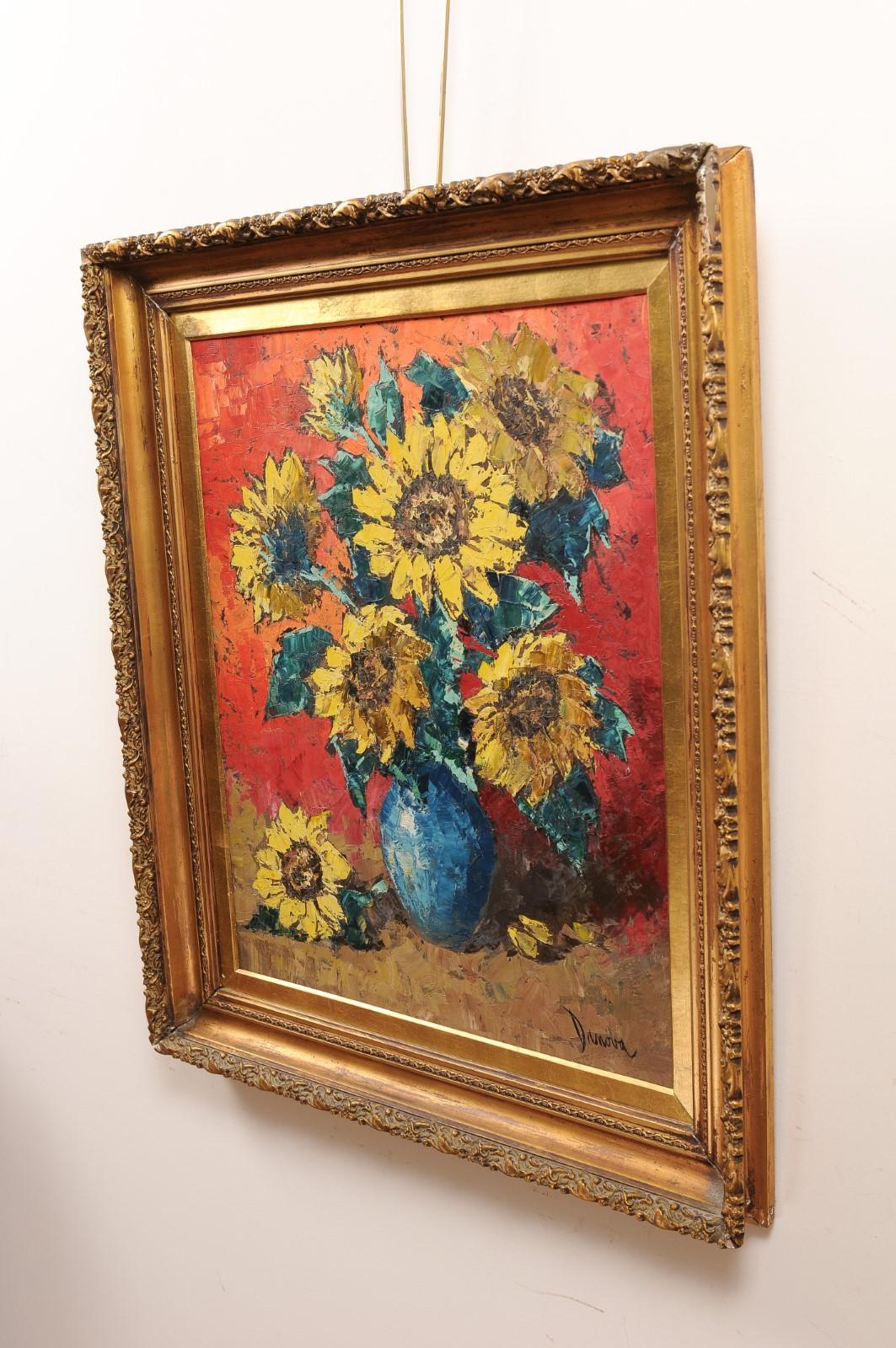  Giltwood Framed Oil on Board Painting of Sunflowers in Vase, Signed, 20th c. For Sale 8
