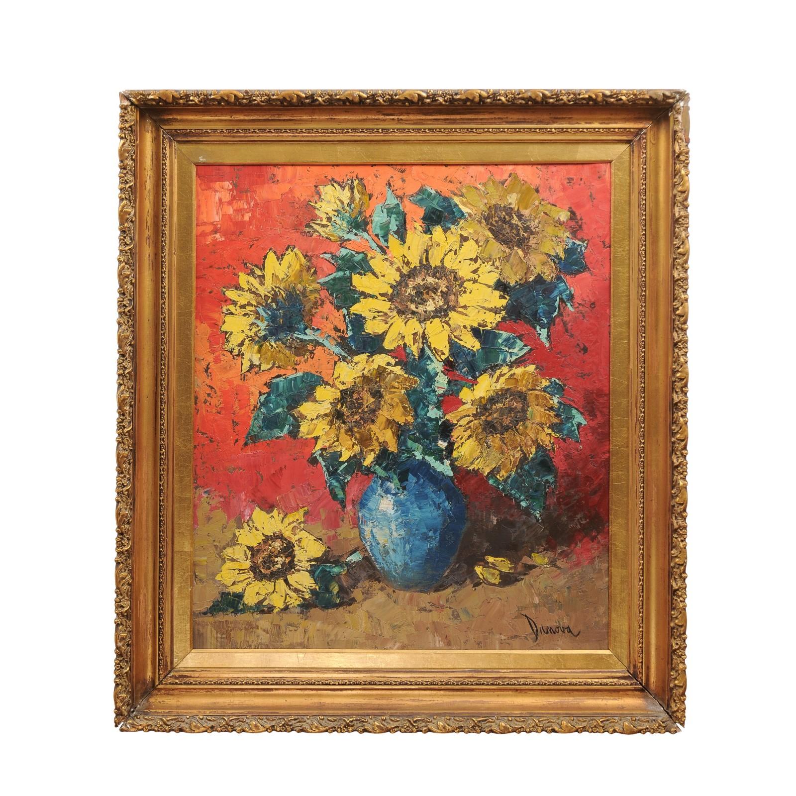  Giltwood Framed Oil on Board Painting of Sunflowers in Vase, Signed, 20th c. For Sale 11