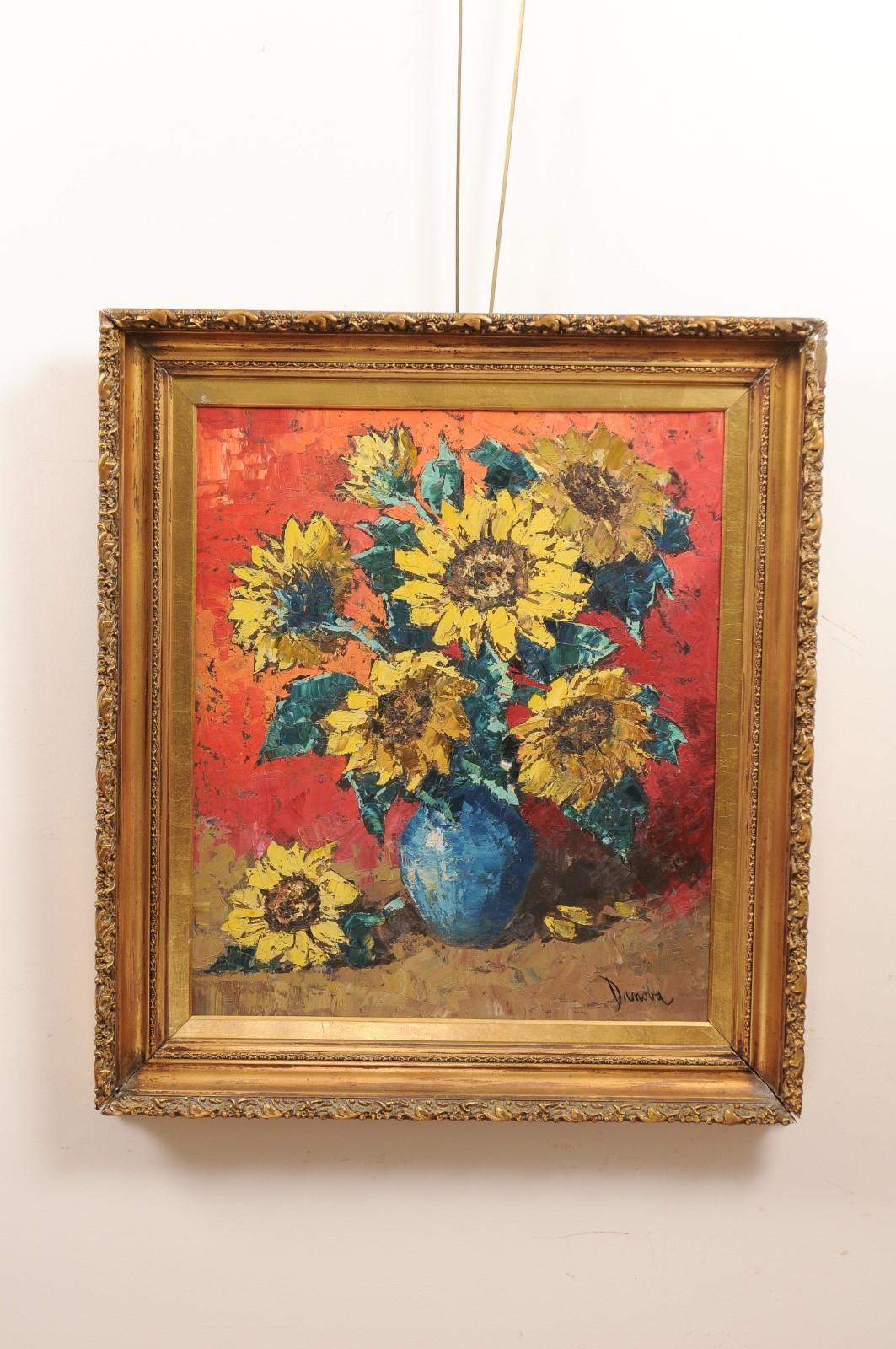20th Century  Giltwood Framed Oil on Board Painting of Sunflowers in Vase, Signed, 20th c. For Sale