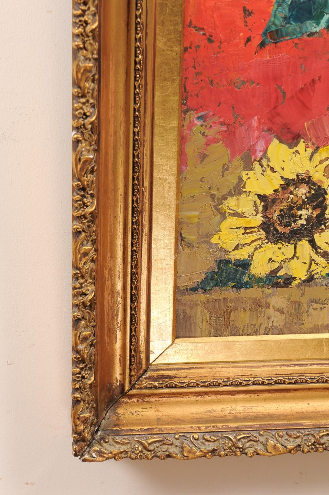  Giltwood Framed Oil on Board Painting of Sunflowers in Vase, Signed, 20th c. For Sale 5