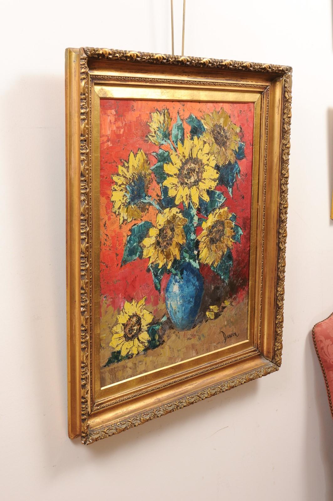  Giltwood Framed Oil on Board Painting of Sunflowers in Vase, Signed, 20th c. For Sale 6