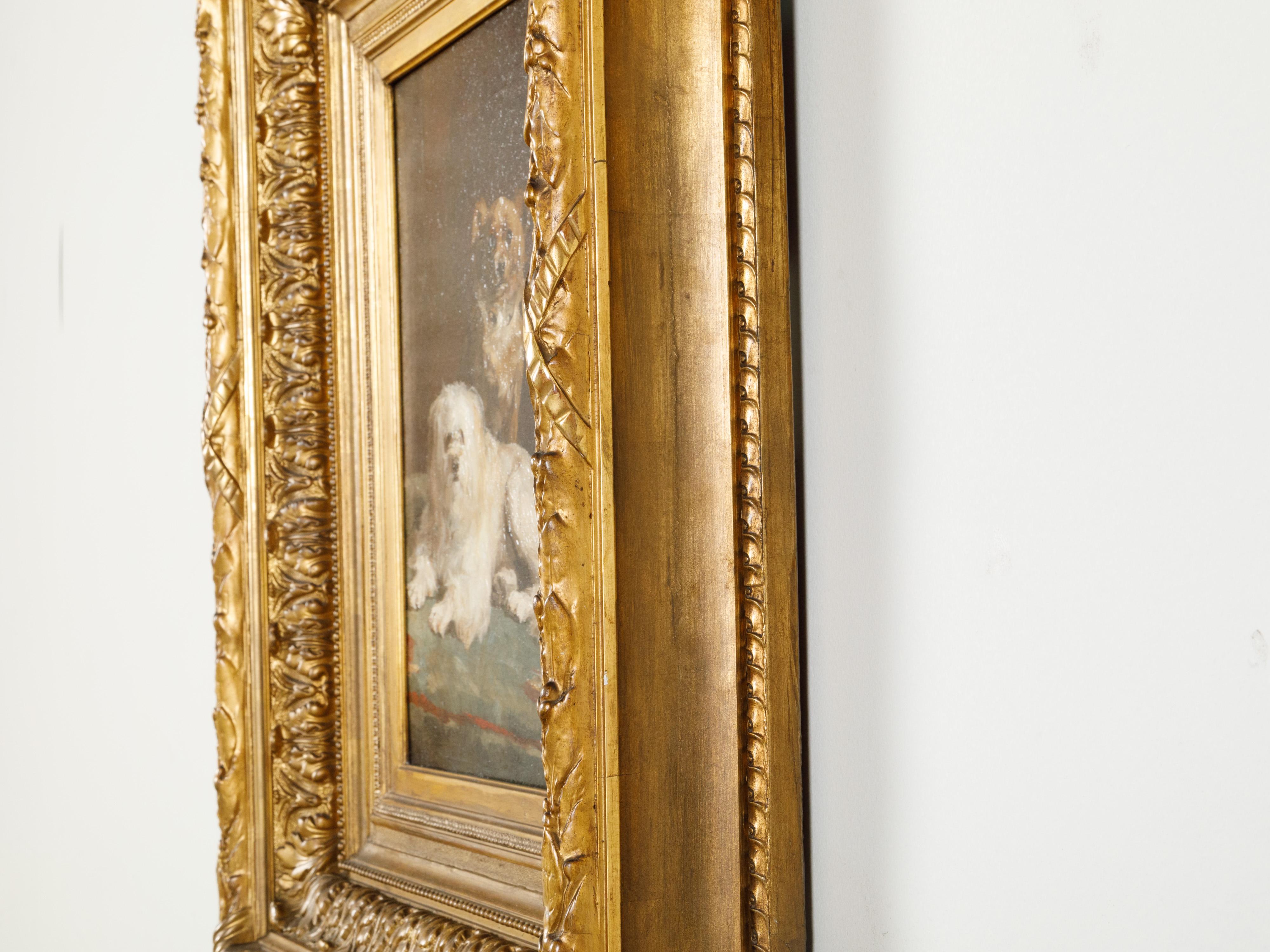 19th Century Giltwood Framed Oil on Canvas Dog Painting by Charles Van den Eycken For Sale