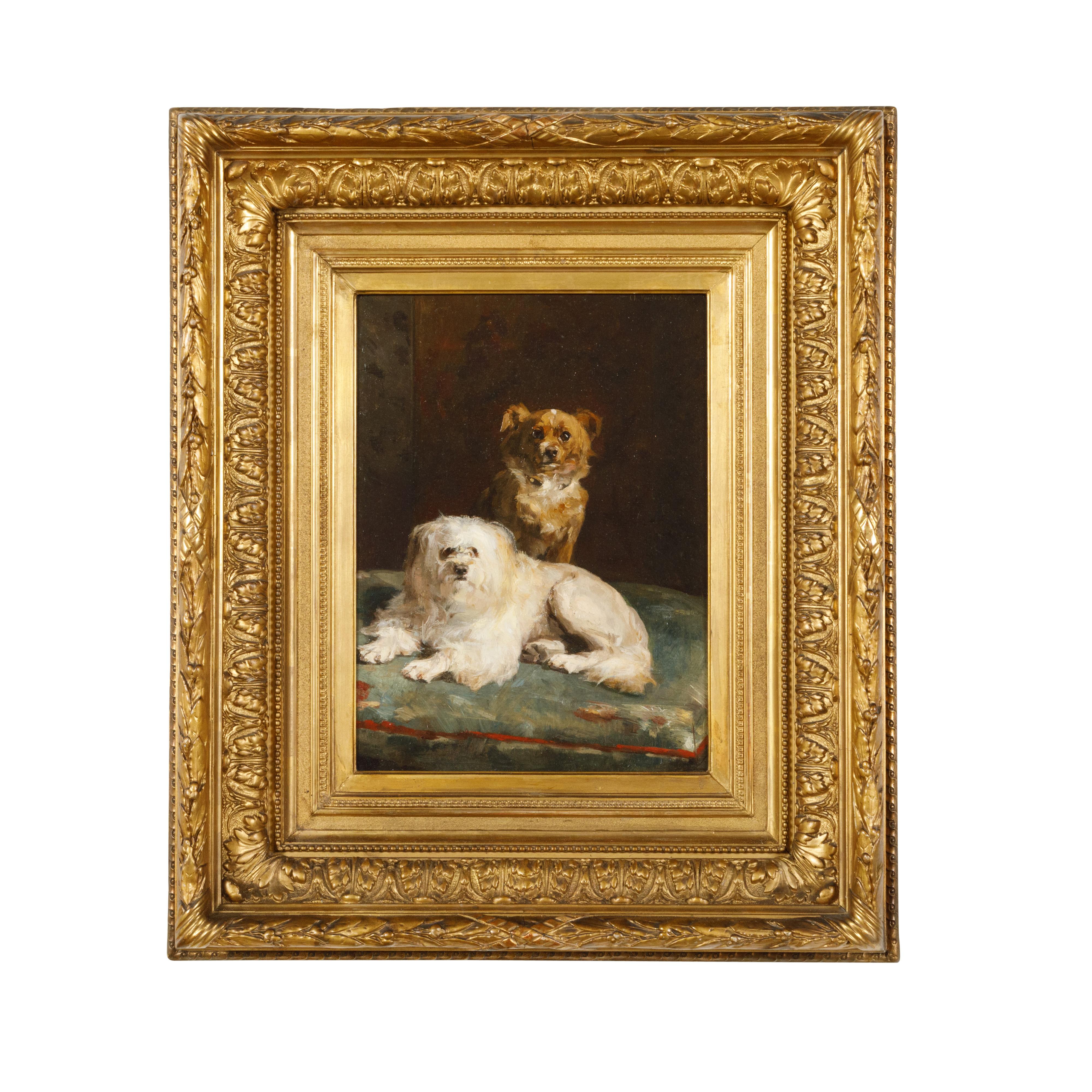 Giltwood Framed Oil on Canvas Dog Painting by Charles Van den Eycken