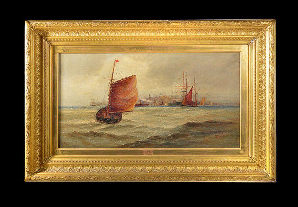 Giltwood Framed Oil on Canvas Depicting a Nautical Scene For Sale 2