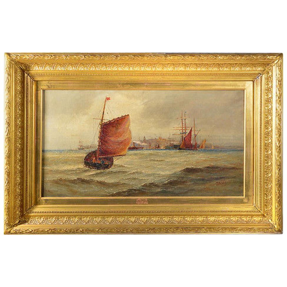 Giltwood Framed Oil on Canvas Depicting a Nautical Scene For Sale