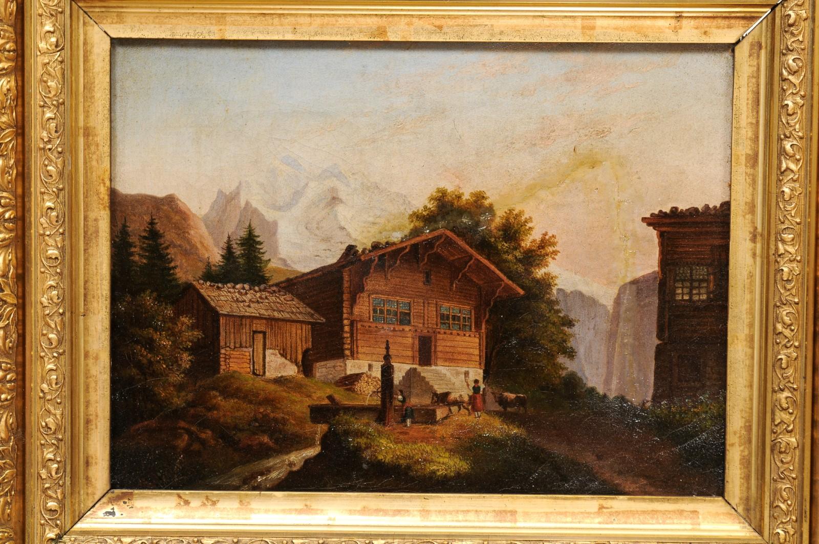  Gerahmtes Gemälde aus vergoldetem Holz, Öl auf Leinwand, Chalet, 19. Jahrhundert im Angebot 7