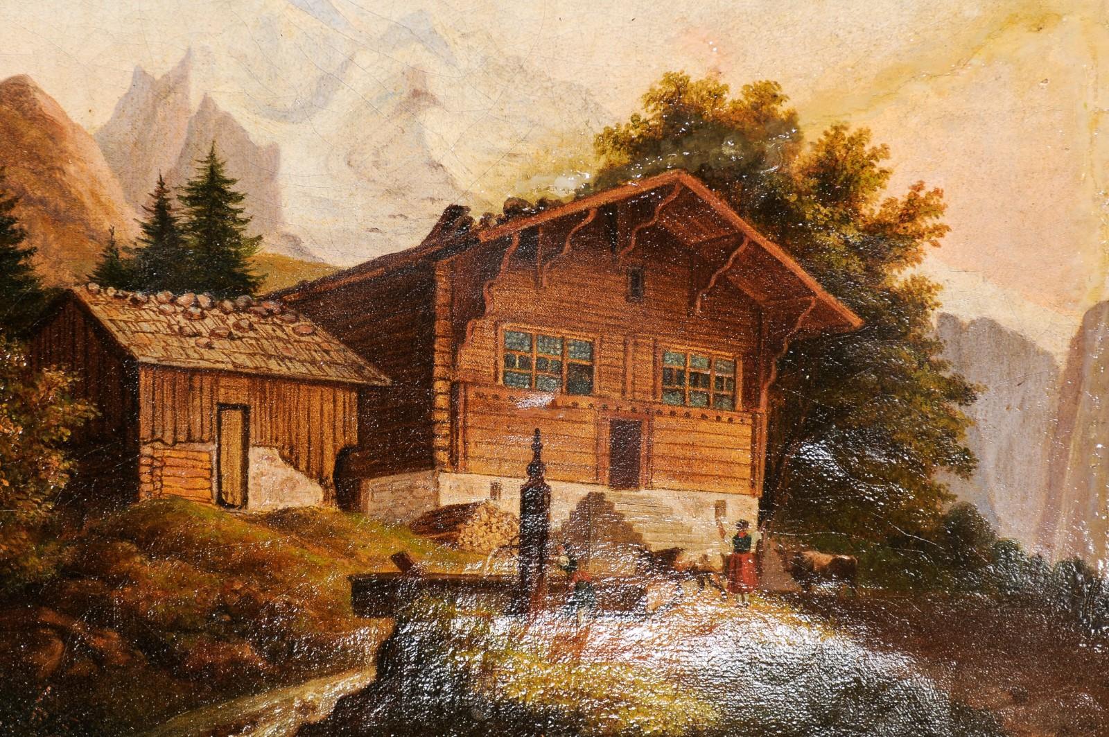  Gerahmtes Gemälde aus vergoldetem Holz, Öl auf Leinwand, Chalet, 19. Jahrhundert im Angebot 8