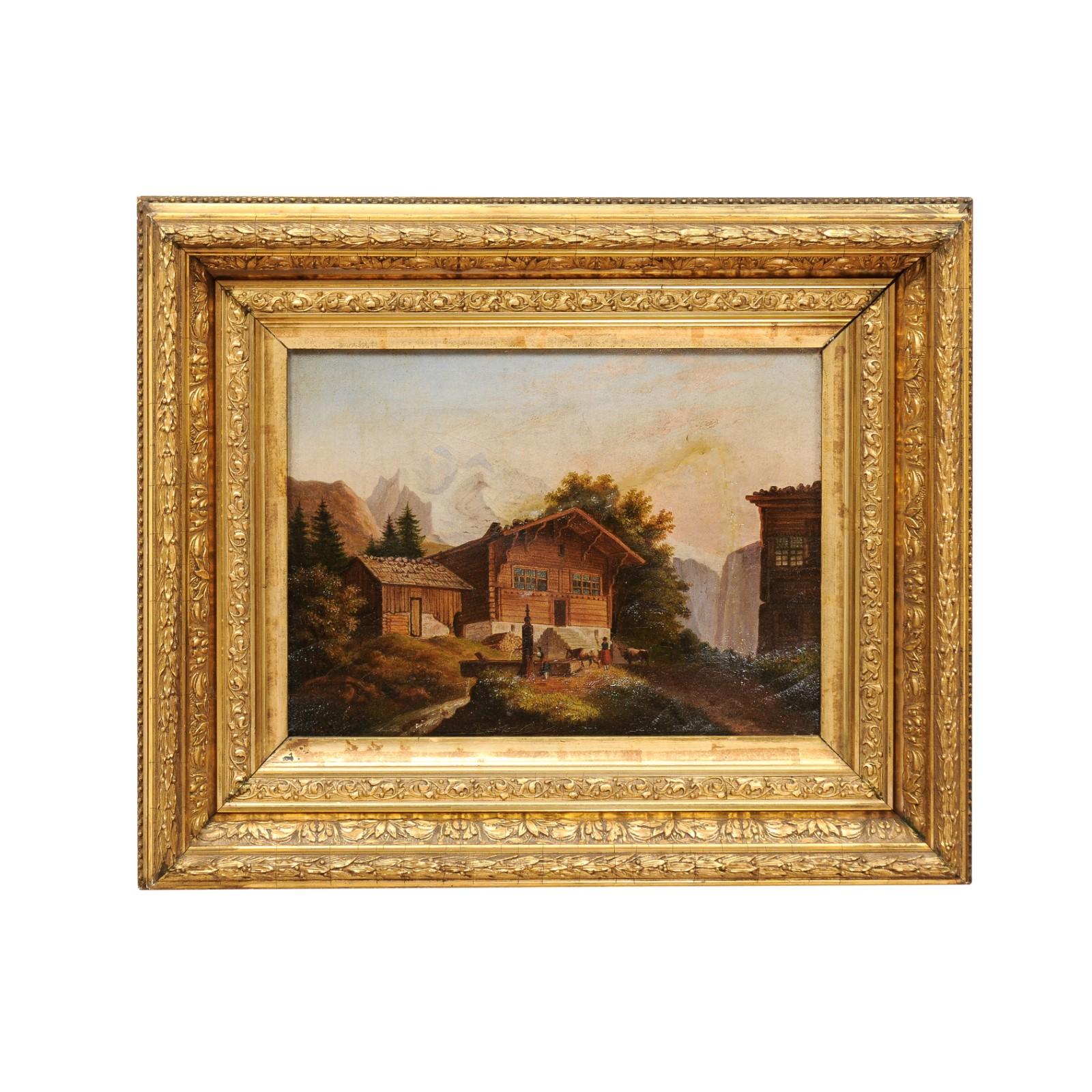  Gerahmtes Gemälde aus vergoldetem Holz, Öl auf Leinwand, Chalet, 19. Jahrhundert im Zustand „Gut“ im Angebot in Atlanta, GA