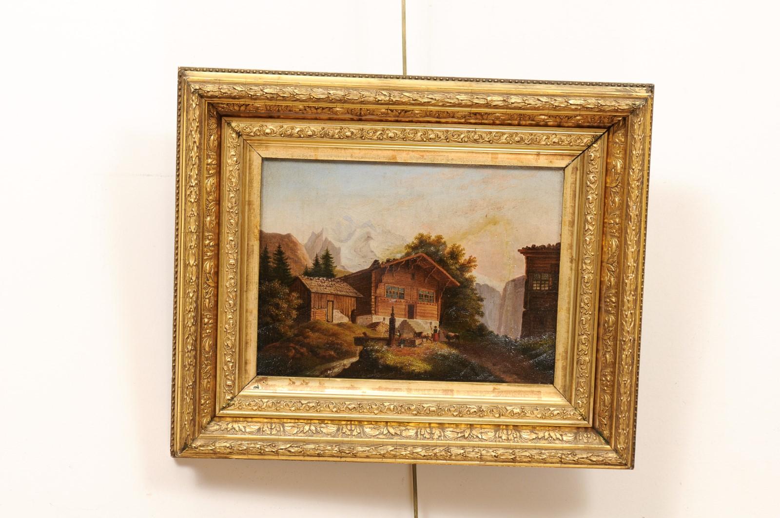  Gerahmtes Gemälde aus vergoldetem Holz, Öl auf Leinwand, Chalet, 19. Jahrhundert (Vergoldetes Holz) im Angebot