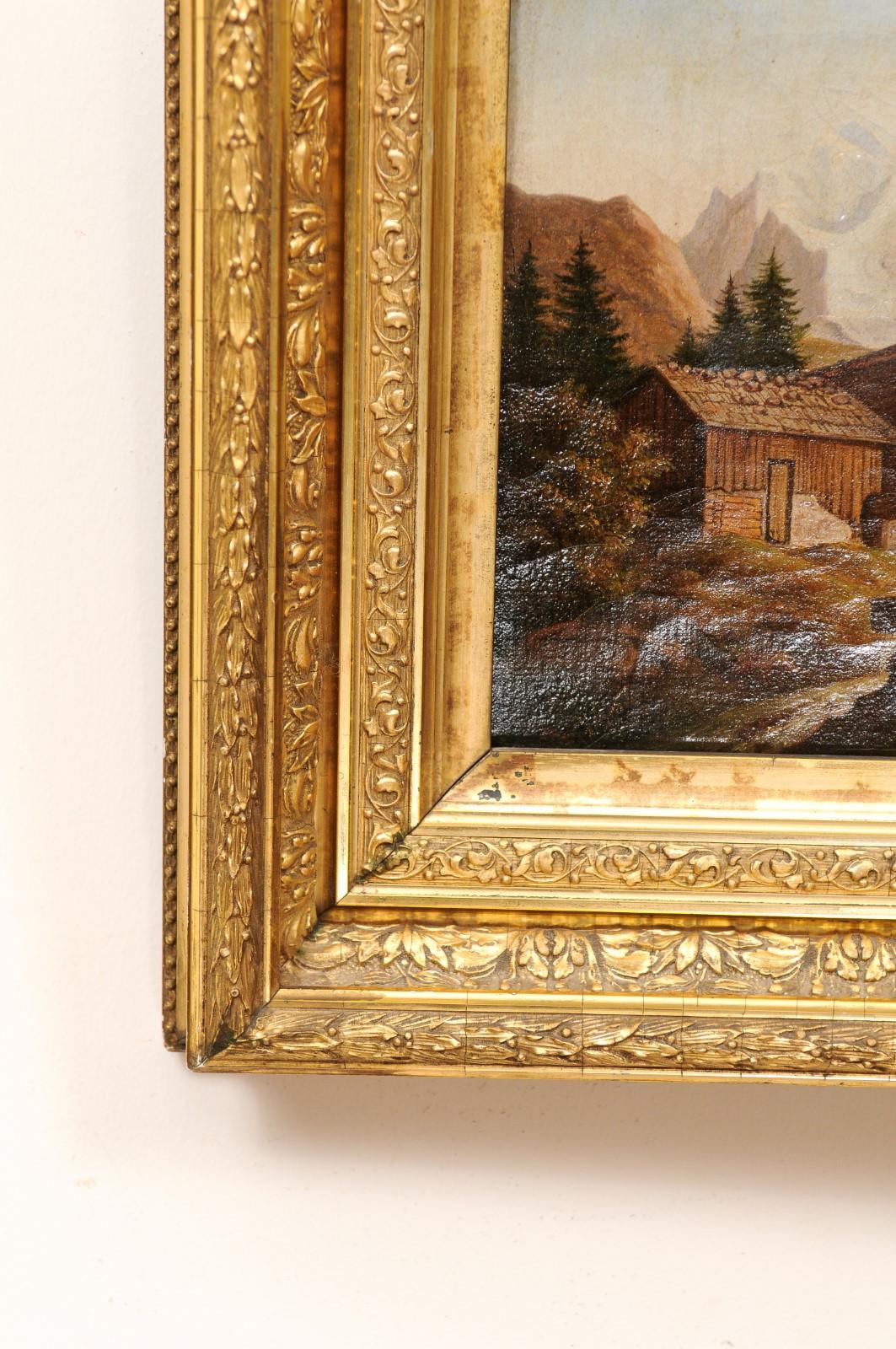  Gerahmtes Gemälde aus vergoldetem Holz, Öl auf Leinwand, Chalet, 19. Jahrhundert im Angebot 1