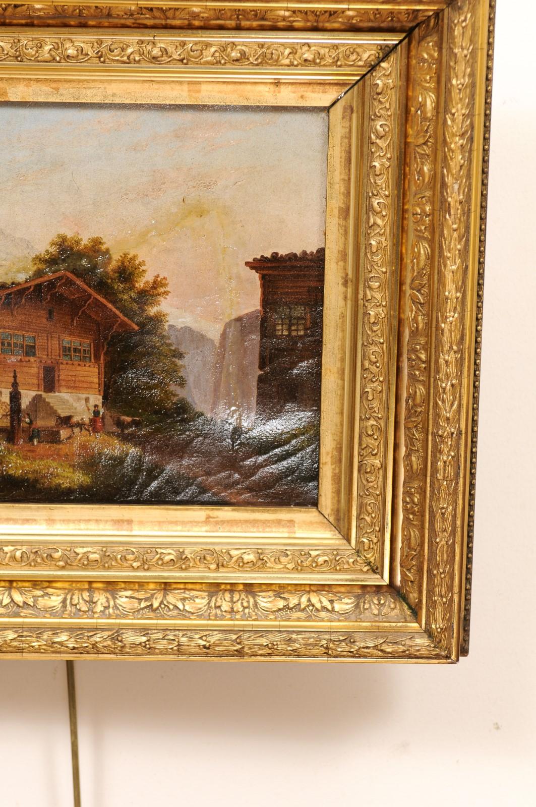 Gerahmtes Gemälde aus vergoldetem Holz, Öl auf Leinwand, Chalet, 19. Jahrhundert im Angebot 2
