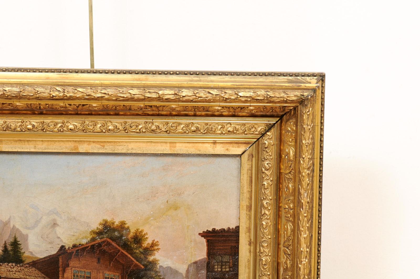  Giltwood Framed Oil on Canvas Painting of Chalet, 19th Century For Sale 4