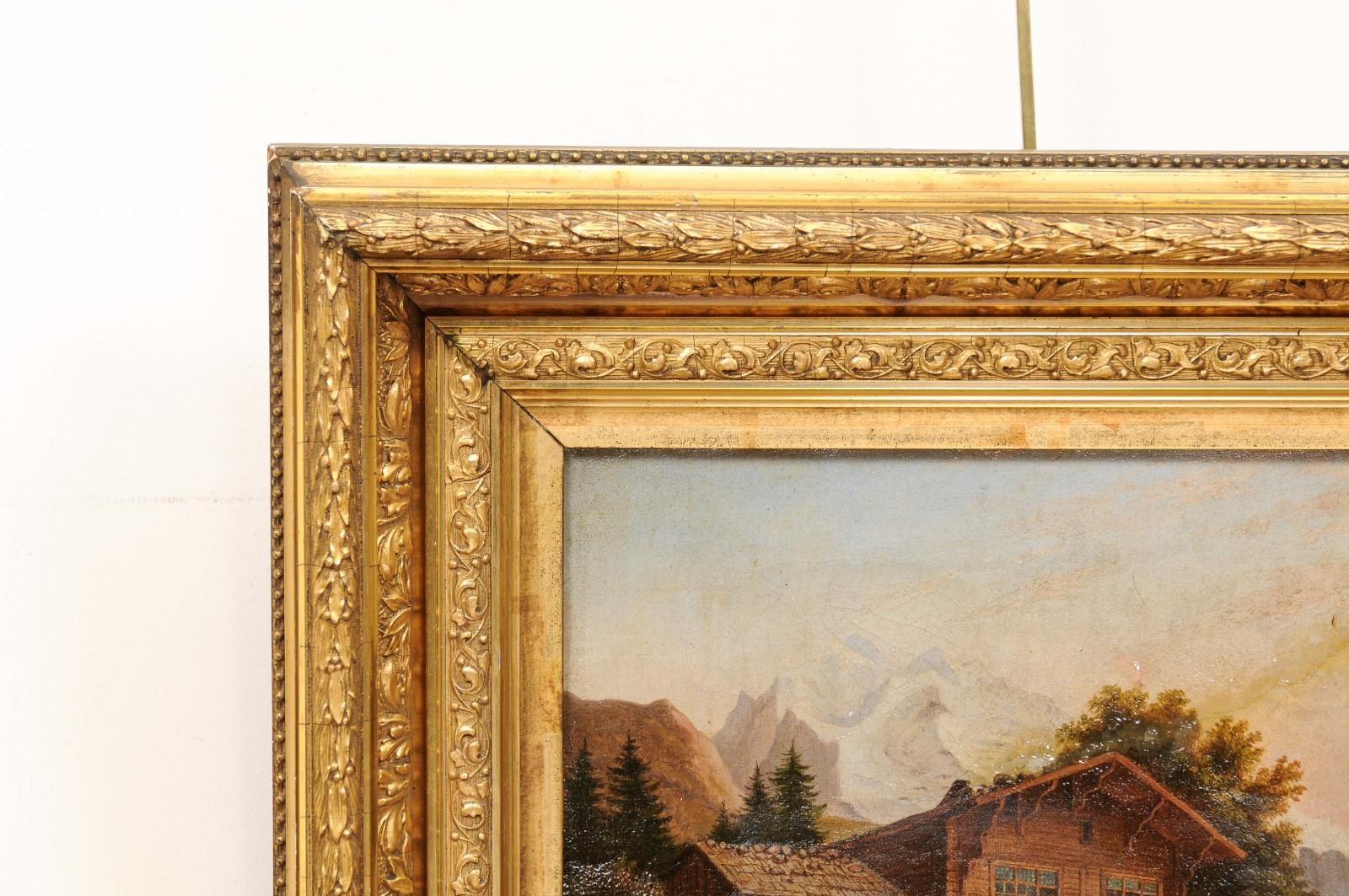  Giltwood Framed Oil on Canvas Painting of Chalet, 19th Century For Sale 5