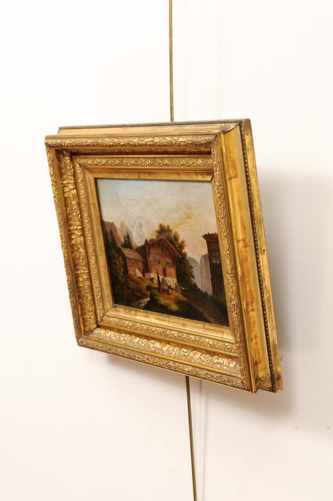  Gerahmtes Gemälde aus vergoldetem Holz, Öl auf Leinwand, Chalet, 19. Jahrhundert im Angebot 5
