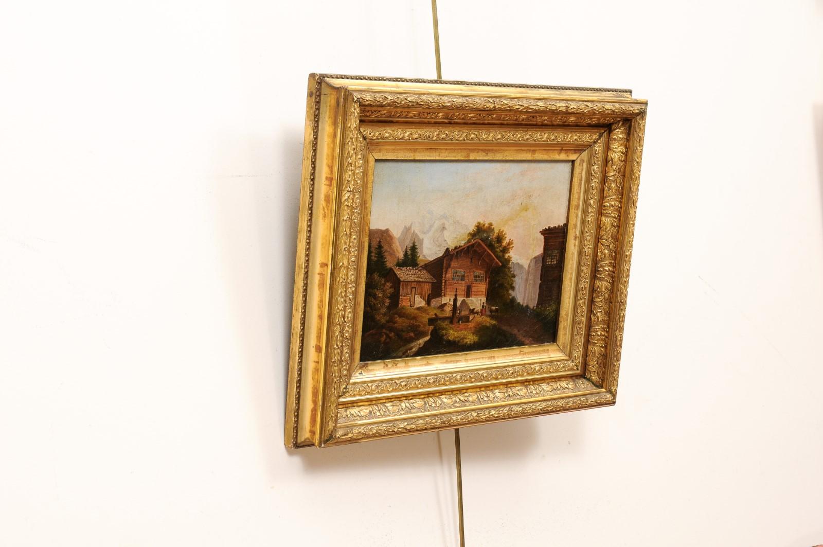  Giltwood Framed Oil on Canvas Painting of Chalet, 19th Century For Sale 7