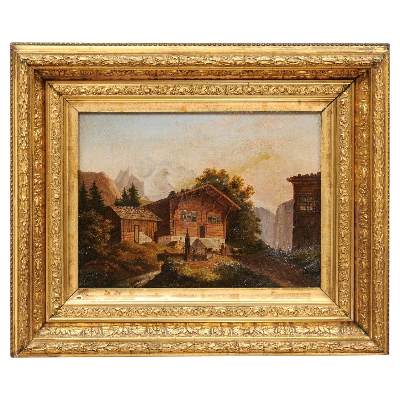  Peinture à l'huile sur toile encadrée en bois doré d'un chalet, 19ème siècle