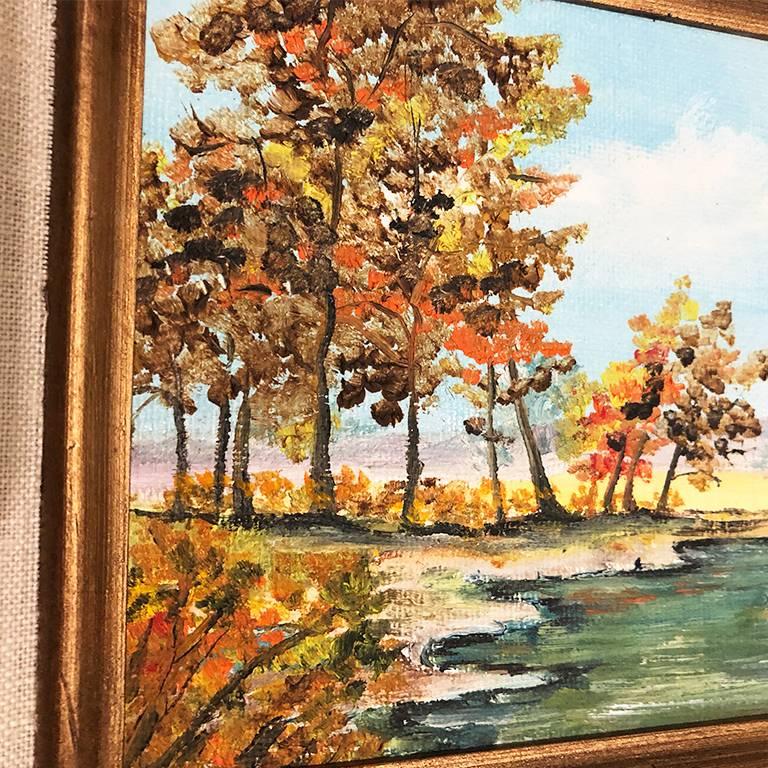 Giltwood Framed Oil Painting Quiet Stream with Green and Gold Border In Good Condition In Oklahoma City, OK