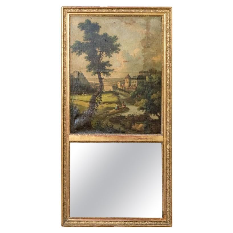 Miroir Trumeau encadré de bois doré avec scène pastorale, vers 1800 1800 en vente