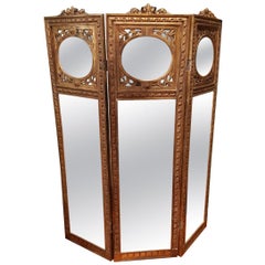 Giltwood French Napoleon III Three Mirrored Panels Screen, Late 19th Century