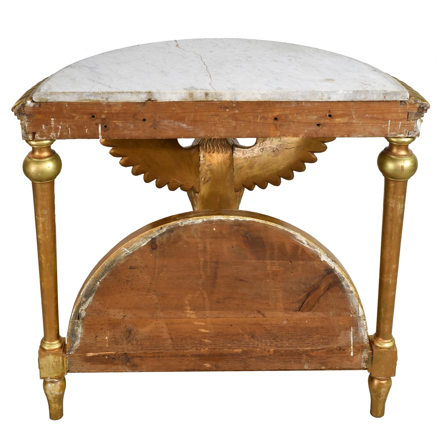 Swedish Giltwood Karl Johan Demi-Lune Console Table w White Marble Top & Phoenix For Sale 5