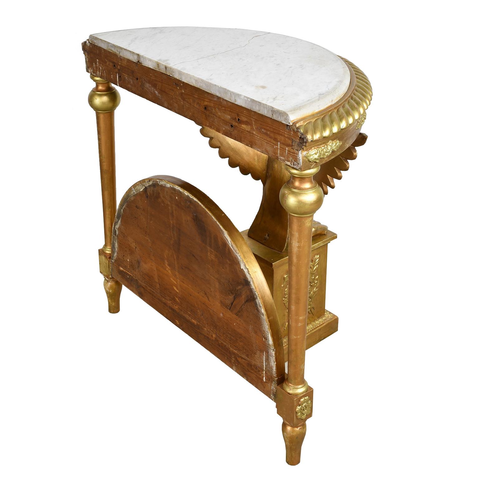 Swedish Giltwood Karl Johan Demi-Lune Console Table w White Marble Top & Phoenix For Sale 7