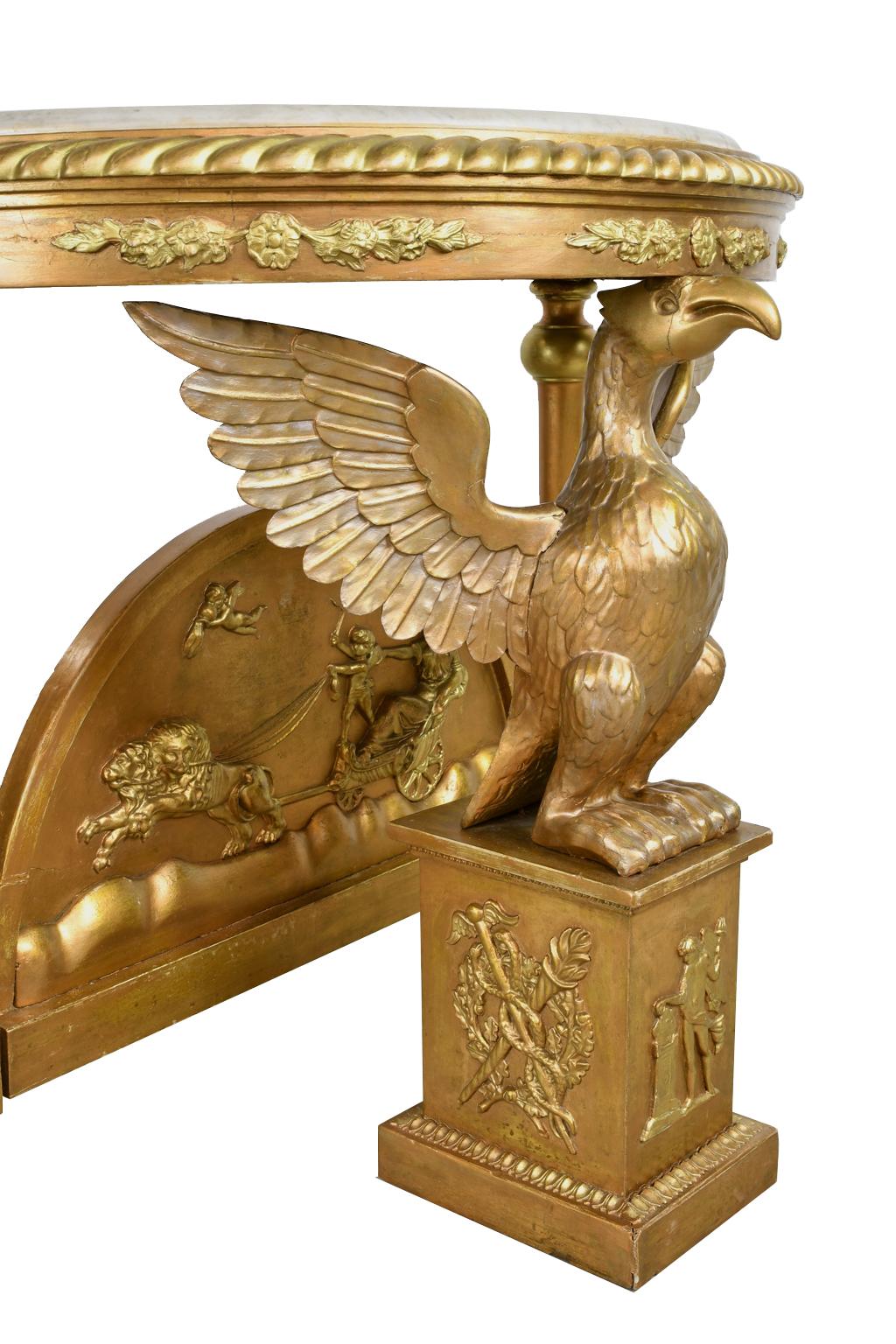 Swedish Giltwood Karl Johan Demi-Lune Console Table w White Marble Top & Phoenix For Sale 9