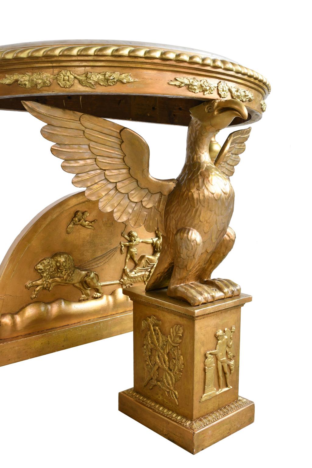 Swedish Giltwood Karl Johan Demi-Lune Console Table w White Marble Top & Phoenix For Sale 12